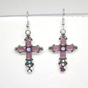 Pink Gem Cross Earrings Metal and Beads